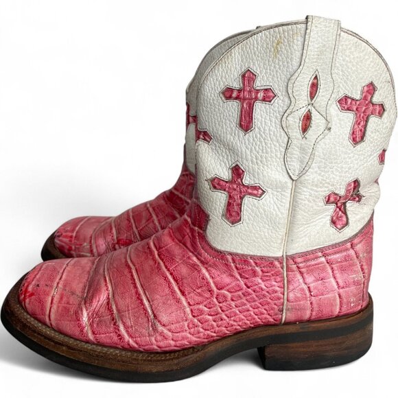 Ferrini Pink White Crosses Leather Distressed Western Cowgirl Cowboy Boots 8.5 - Picture 8 of 15